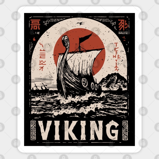 Nordic Viking Ship - Japanese-Style Scandinavian Adventure Art Sticker by TuncGK